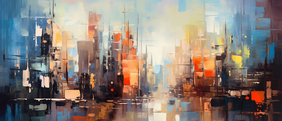 Colorful modern artwork of a cityscape in oil painting on canvas. Abstract paint strokes. Generative AI.