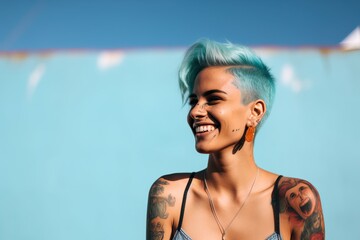 Wall Mural - Portrait of a lady with tattoos in a blue background