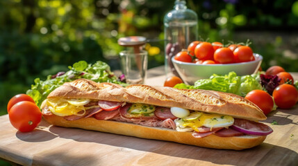 Canvas Print - Long French baguette filled with ham, eggs, vegetables and sauce ready to eat on a table outdoors. Generative AI