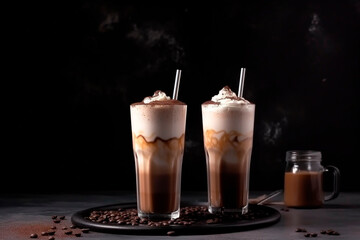 two glasses of frappe, coffee beans around created with generative ai technology