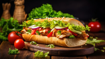 Canvas Print - Half of a baguette with chicken, leaf salad, cucumber, pepper, and tomatoes in a dark background. Generative AI.