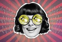 3d Retro Abstract Creative Artwork Template Collage Of Funny Smiling Positive Face Young Lady Have Fun Sunglass Disco Balls Party Retro
