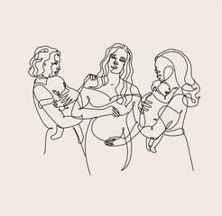 Poster - Maternity concept line art illustration. Pregnant women, woman with a newborn baby. Motherhood, maternity, hand drawn style vector illustrations.