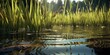 AI Generated. AI Generative. Photo illustration of pond sedge at lake sea river water. Plant flora blossom. Graphic Art