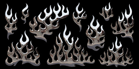 3D Y2K chromed fire shapes. Set of isolated vector elements as shiny melted metal flames in styles of chrome, silver, aluminum, platinum, steel, liquid mercury. Ideal for 2000s triball aesthetics