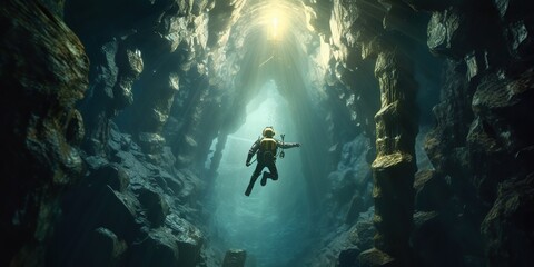 A tourist is diving in a cave with a beam of light shining down on him.
