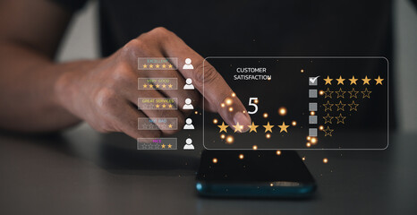 Hand pressing 5-star rating feedback icon on smartphone for customer satisfaction survey and business review. Concept of quality service and success