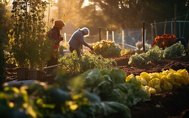 People working in the urban community garden