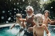 Happy grandfather and grandchildren enjoy time together, they splashing in pool. Positive senior spending time with his grandkids. Multi-generational family. Happy, active retirement. Generative AI.