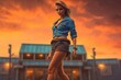 © LayerAce.com - Beautiful woman wearing vibrant short shorts walking flexing legs, fitness muscle body thick legs, beautiful setting, ultra sharp Intricate fine details, professional photography render Generative AI