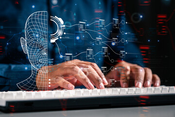 Artificial intelligence, Digital transformation change management documents, Internet of things. Businessman using computer working on virtual diagram, smart industry, Ai tech.