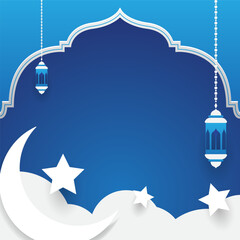 islamic background with in white and blue color with stars, crescent and cloud