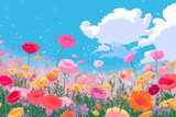 Fototapeta  - Bunte Sommerwiese. Blumen und blauer Himmel. Generiert mit KI