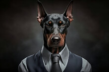 Studio Portrait Of Doberman Pincher Dog In Suit Shirt Tie And Sunglasses