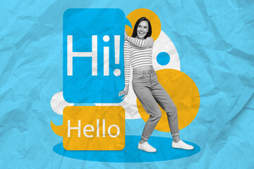 Sticker - Composite collage picture of mini black white colors girl push big dialogue bubble hi hello text isolated on paper blue background