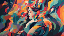 Abstract Colorful Background Of A Woman Surrounded By Waves 