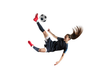 Competitive spirit. Young professional football player in motion, kicking ball in jump isolated on transparent background. Concept of professional sport, competition, hobby, action and motion