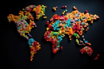 world map made of colored cubes and blocks, abstract background. generative ai