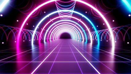 Wall Mural - neon line tunnel glowing fluorescent light corridor stage 3d illustration background
