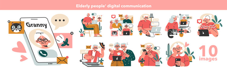 Wall Mural - modern old characters using internet, phone and computer set