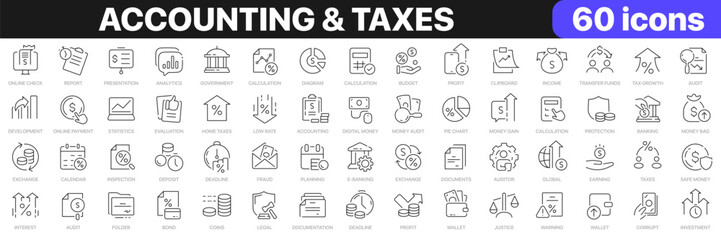 Leinwandbilder - Accounting and taxes line icons collection. Finance, credit, money, profit, legal icons. UI icon set. Thin outline icons pack. Vector illustration EPS10