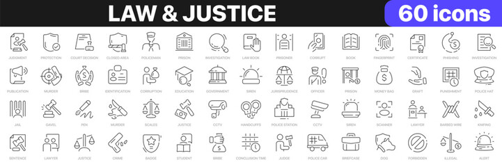 Aufkleber - Law and justice line icons collection. Police, court, legal, crime icons. UI icon set. Thin outline icons pack. Vector illustration EPS10