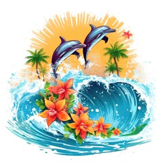 , vector design for t-shirt, splashes and waves, bright tropical design, california, miami