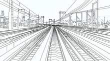 Black Outline Of Tracks, Sleepers And Turnouts At The Station, Generative AI.
