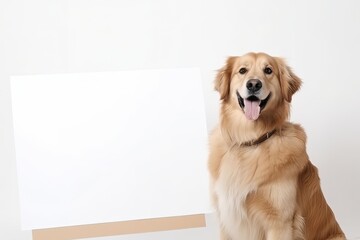 Wall Mural - Cute young dog golden retriever next to a clean white board on a light background.