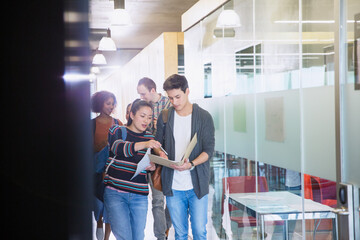 Wall Mural - College students discussing homework in corridor