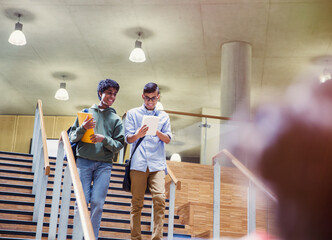 Wall Mural - College students with notebook descending stairway