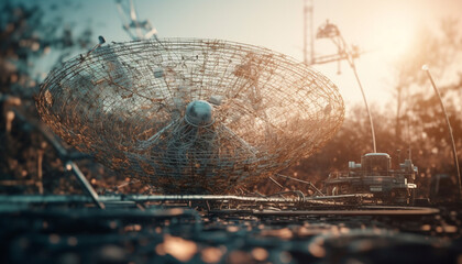Commercial fishing net weaves a steel blue pattern at dusk generated by AI