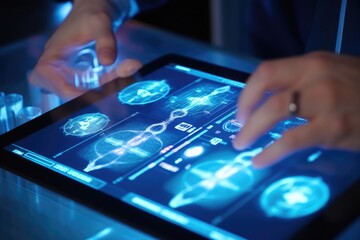 Wall Mural - a detailed close - up photograph of a medicine doctor's hand interacting with an electronic medical 