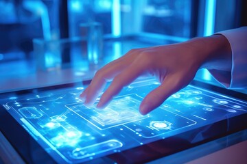 Wall Mural - a detailed close - up photograph of a medicine doctor's hand interacting with an electronic medical 