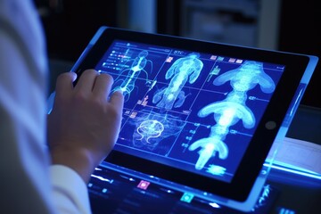 Wall Mural - a detailed close - up photograph of a medicine doctor's hand interacting with an electronic medical 