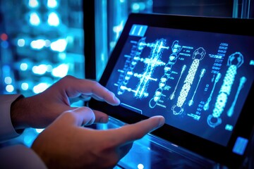 Wall Mural - a detailed close - up photograph of a medicine doctor's hand interacting with an electronic medical 