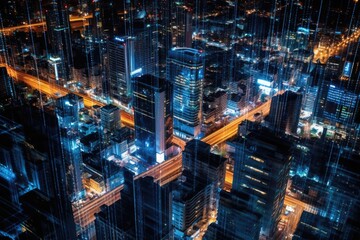 Wall Mural - close-up photo of night cityscape symbolizing fast network and connection technology. generative ai