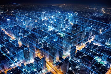Wall Mural - close-up photo of night cityscape symbolizing fast network and connection technology. generative ai