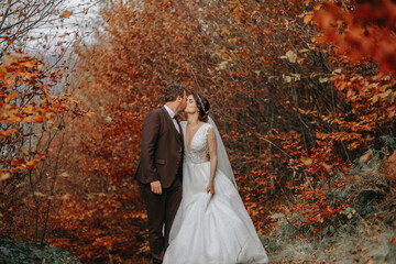 Wall Mural - Wedding couple on a walk in the autumn park, medium portrait, place for text