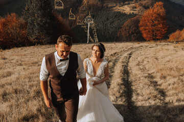 Wall Mural - Wedding couple walks in the mountains. The groom leads the bride by the hand. The dress of the bride develops in the wind.