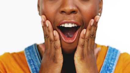 Wall Mural - Success, shock mockup and zoom of girl with excited, crazy and comic expression for omg reaction. Surprise, wow and open mouth of black woman with hands on face for news, announcement and information