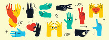 Groovy Hippie Love Set Of Colorful Hands With Different Gestures. Hands With Heart, Together Hands And Etc. Hand Drawn Vector Illustration. Retro Happy Valentines Day In Cartoon Style.