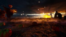 A Scarecrow With A Jack-o'-lantern Head Manipulates Wandering Souls Against The Backdrop Of An Ominous Sunset On Halloween's Eve. 3D Animation.