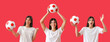 © Pixel-Shot - Happy young woman with soccer ball on red background