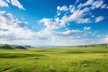 Wall Mural - Grassland and Blue Sky and White Clouds. AI technology generated image