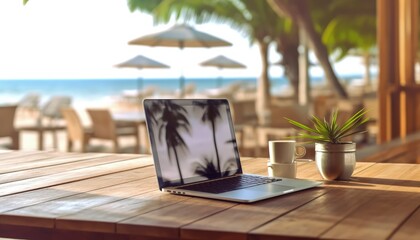 laptop wooden tabletop in a beachside