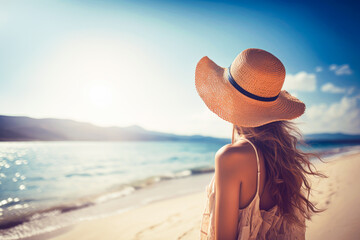 back view of Young woman on sea vacation. tourist girl in hat at a seaside resort. travel concept. summer time. Generative AI 