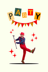 Poster - Weekend party atmosphere collage of funky young man dancing boogie woogie hold wooden cane mister party decor isolated on beige background