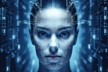 Wall Mural - digital hologram of female face looking from futuristic screen. interaction with artificial intellig