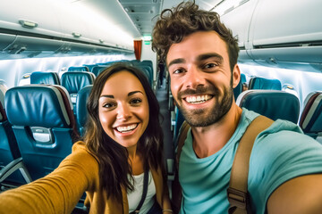 A happy young couple taking selfies in a plane while going on vacation